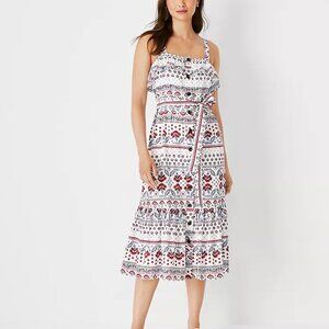 Ann Taylor Button Down Tiered Floral Tie Waist Flare Maxi Summer Dress
